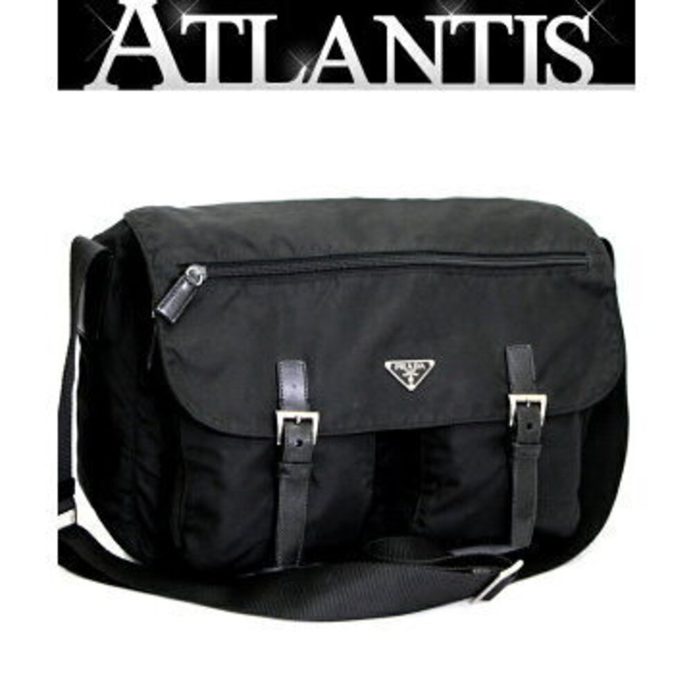 Prada Messenger Nylon Double Shoulder Triangle Bag Black Pocket Logo - Picture 2 of 6